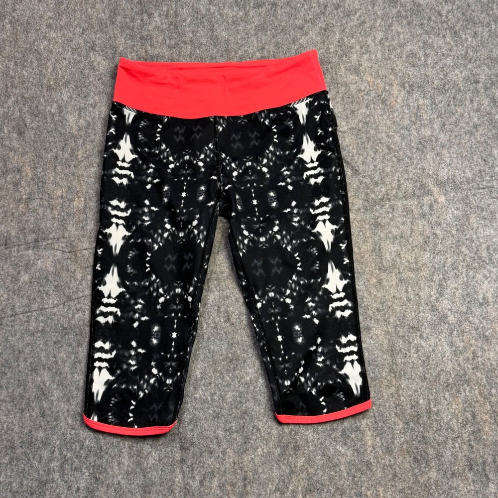 Fabletics Womens XS Cropped Leggings Black‎ White Abstract Pink Waist